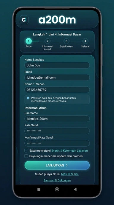 Registrasi akun baru a200m untuk pengguna Android Indonesia