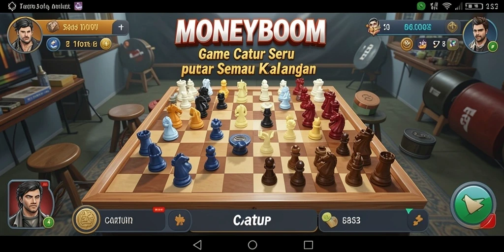Antarmuka MONEYBOOM menunjukkan papan Catur yang interaktif dan elegan.