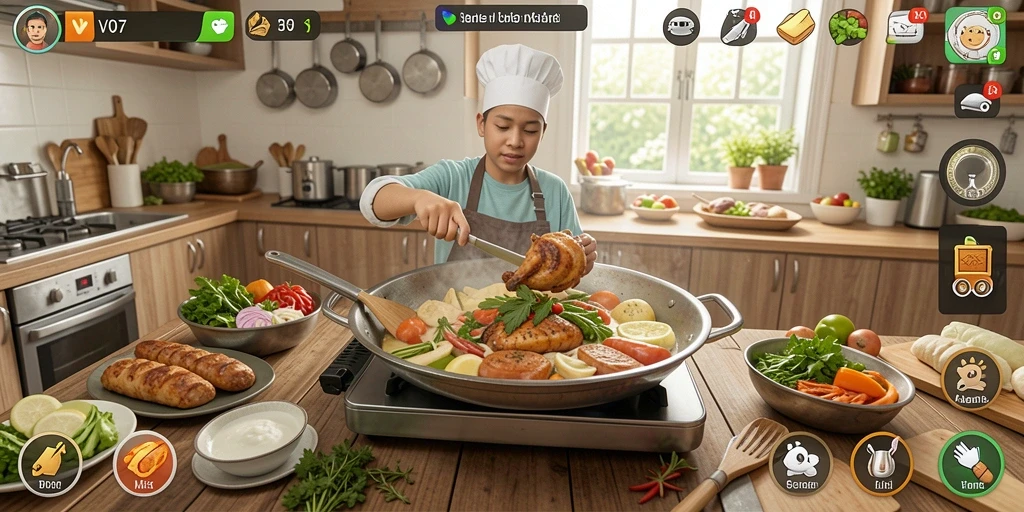 Antarmuka V07 menampilkan pengalaman memasak yang seru dan interaktif.